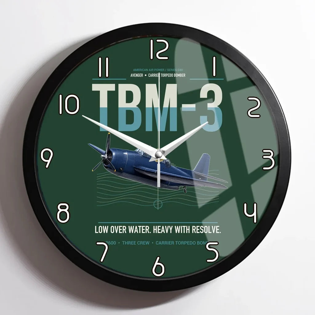 TBM-3 Avenger design on dark green framed wall clock