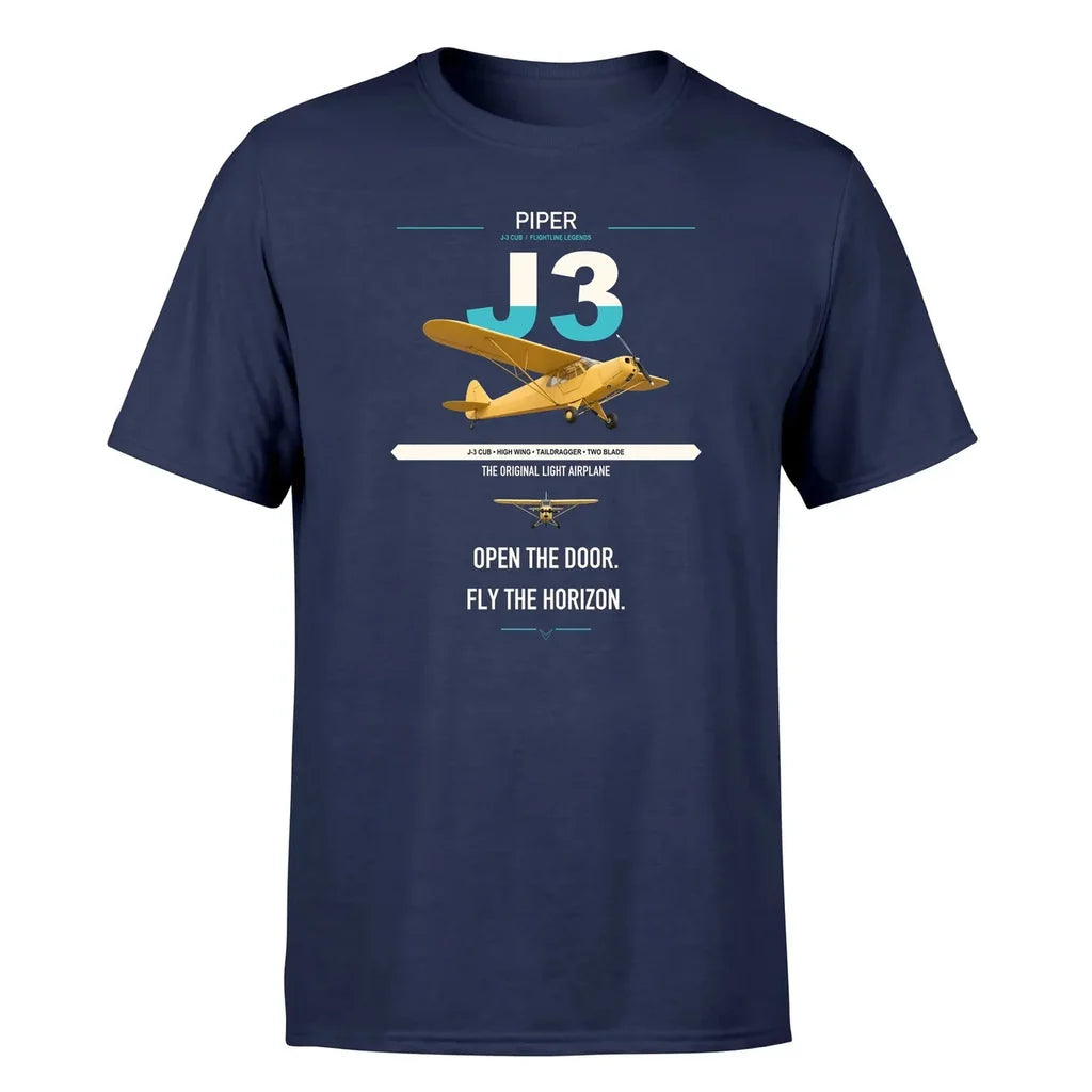 Piper J-3 Cub design on navy blue t-shirt, single-side print