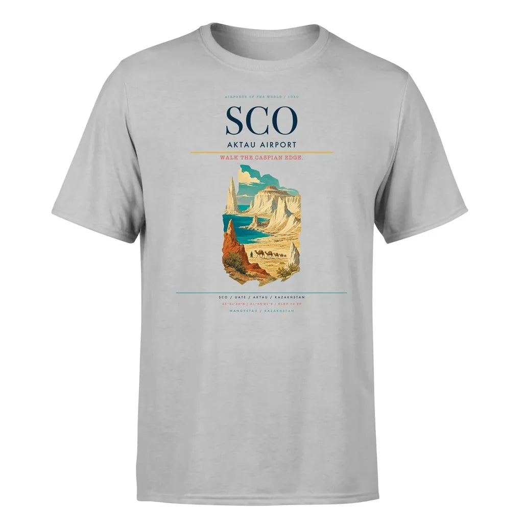 Aktau Airport (SCO) T-Shirt single-side front print in Light Gray | aktau-airport-sco-double-side-t-shirt