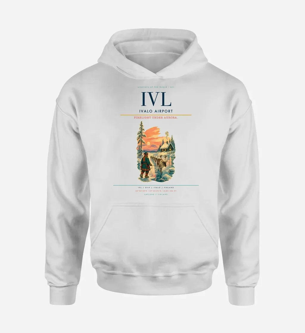 Ivalo Airport (IVL) design on white hoodie single-side print