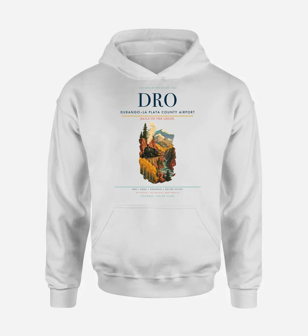 Durango–La Plata County Airport (DRO) design on white hoodie single-side print