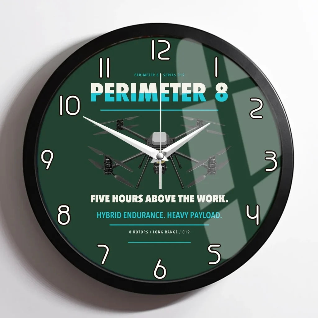 Skyfront Perimeter 8 design on dark green framed wall clock