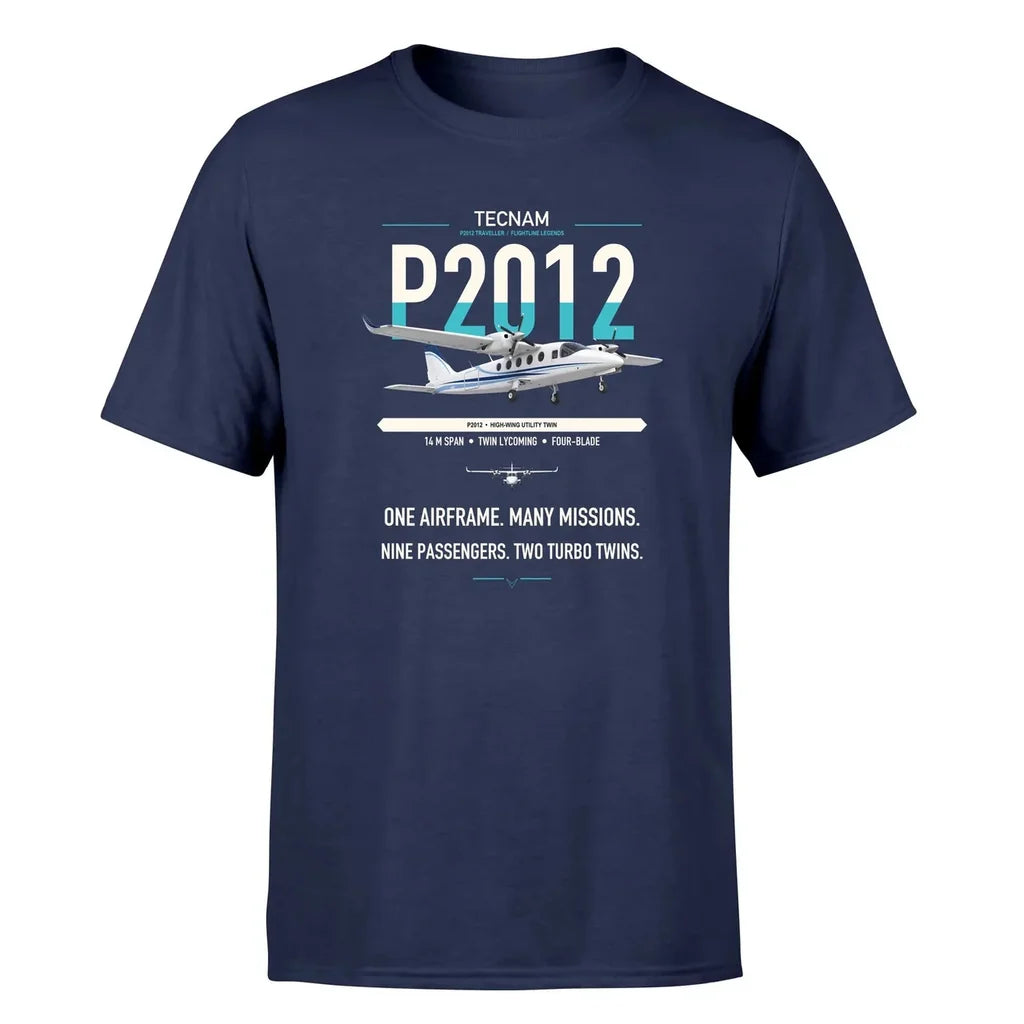Tecnam P2012 Traveller design on navy blue t-shirt, single-side print
