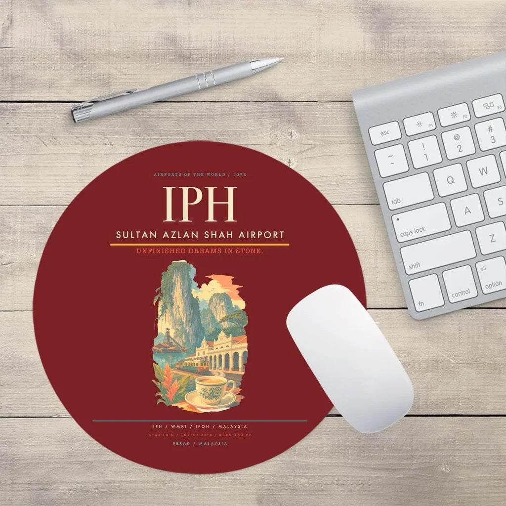 Sultan Azlan Shah Airport (IPH) design on dark red round mouse pad