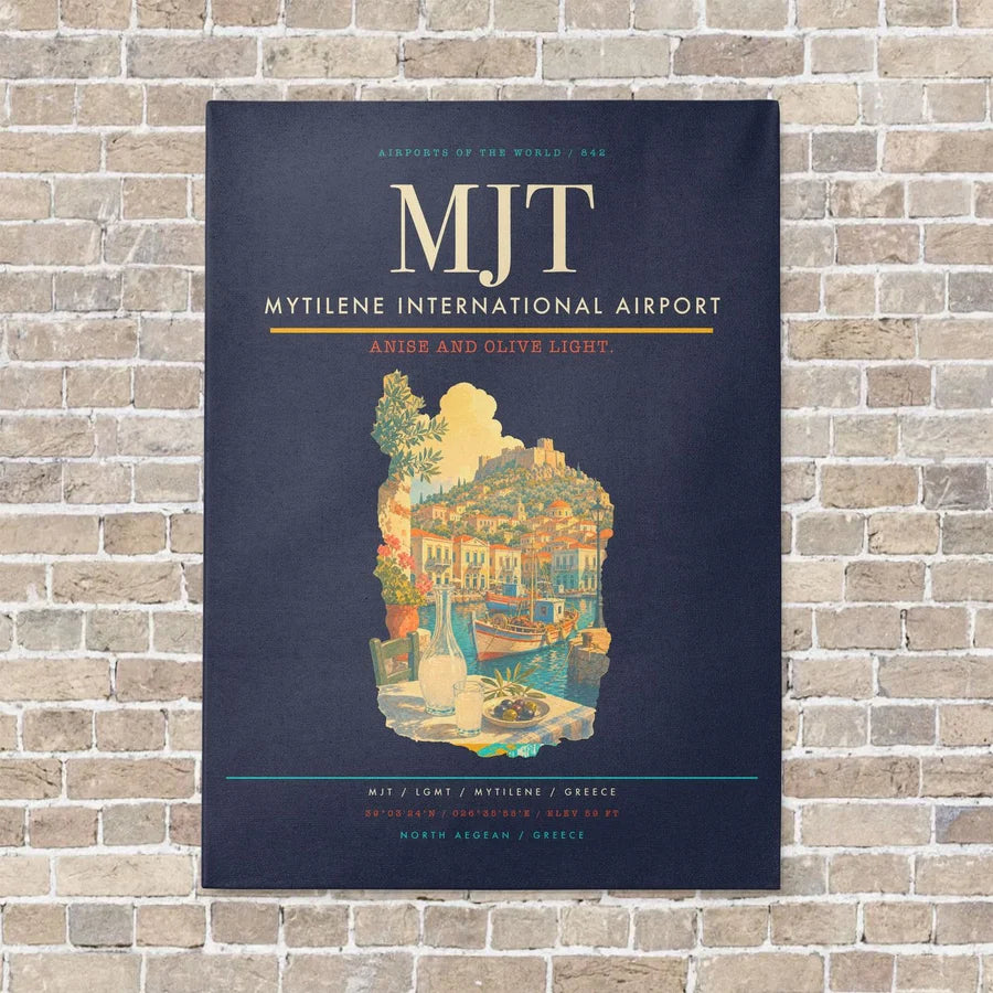 Mytilene International Airport MJT vertical canvas print - no frame - navy blue background