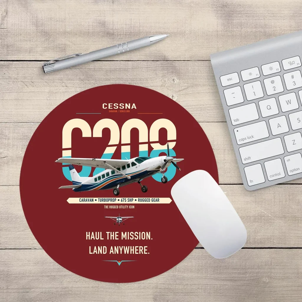 Cessna 208 Caravan design on dark red round mouse pad