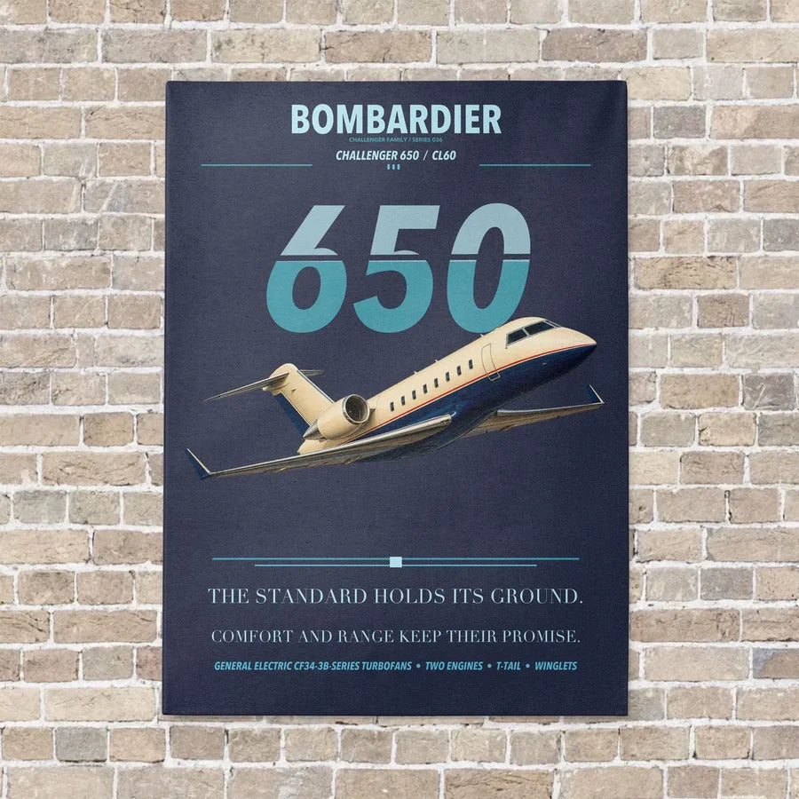 Bombardier Challenger 650 vertical canvas print - no frame - navy blue background