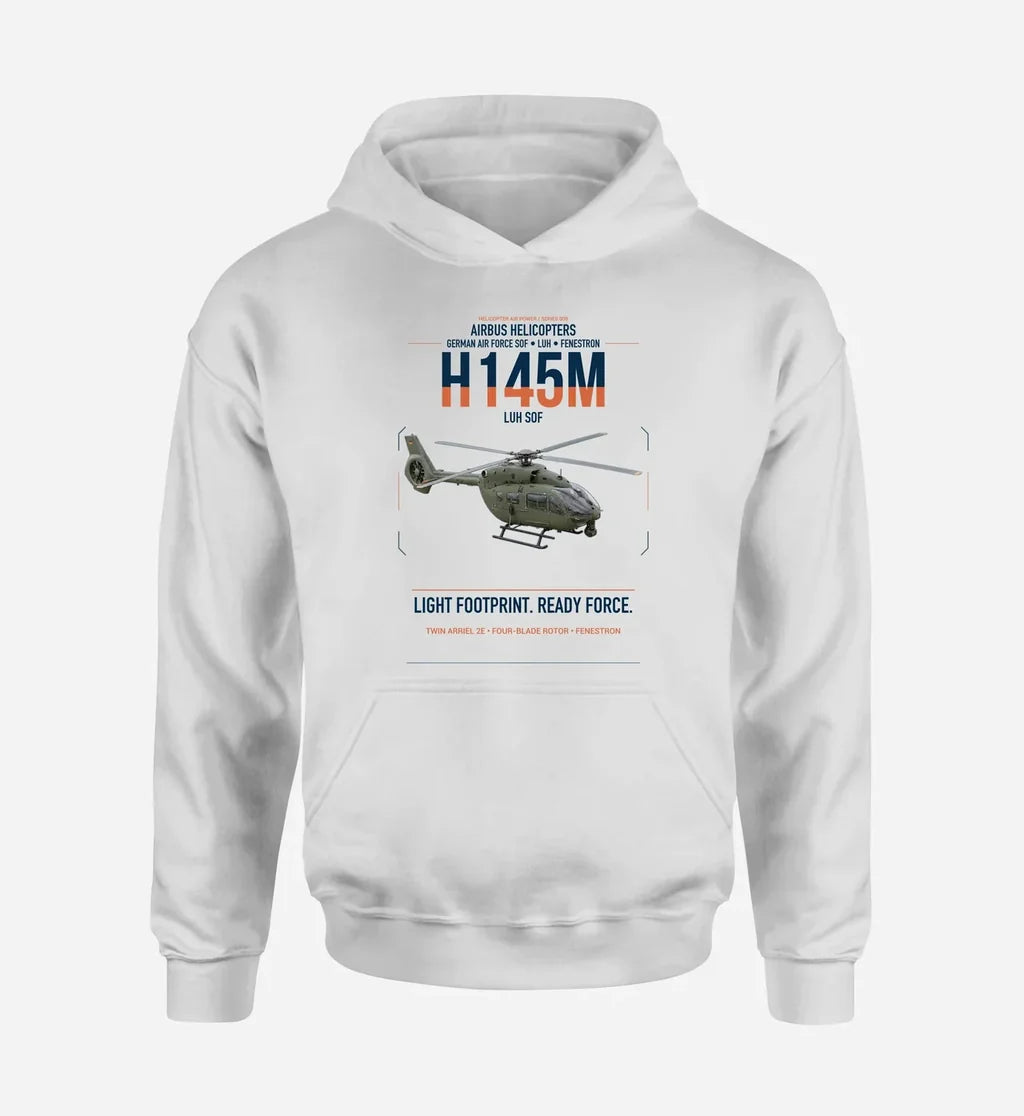 Airbus Helicopters H145M LUH SOF design on white double-side hoodie, single-side print