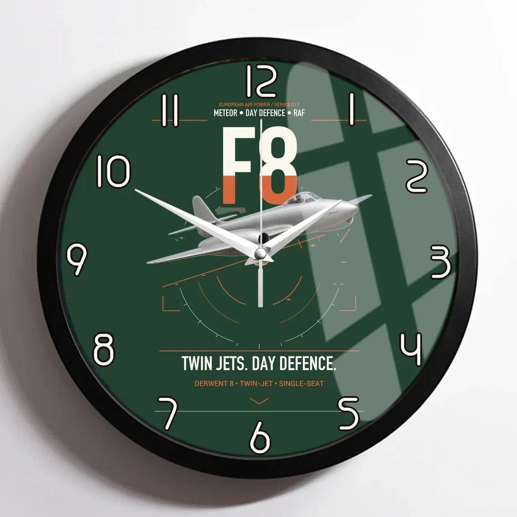 Gloster Meteor F8 design on dark green framed wall clock