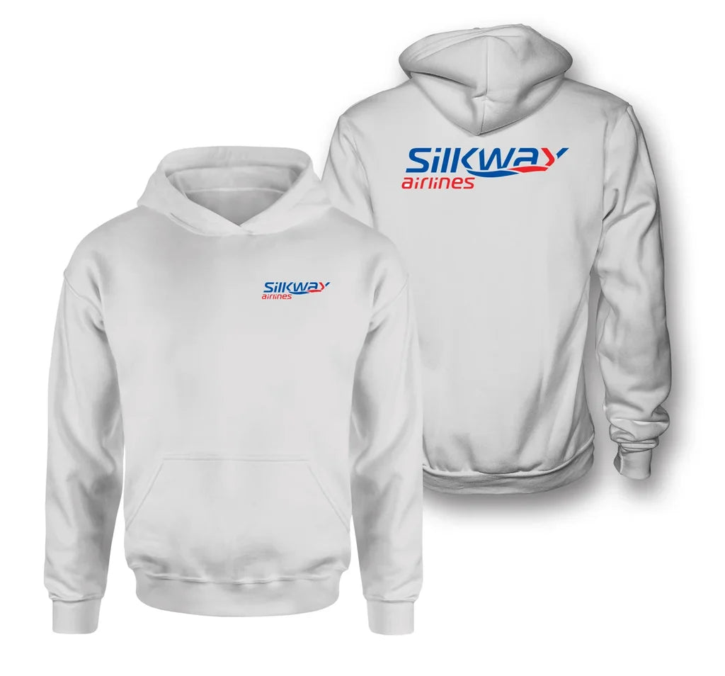 Silk Way West Airlines logo on white double side hoodie