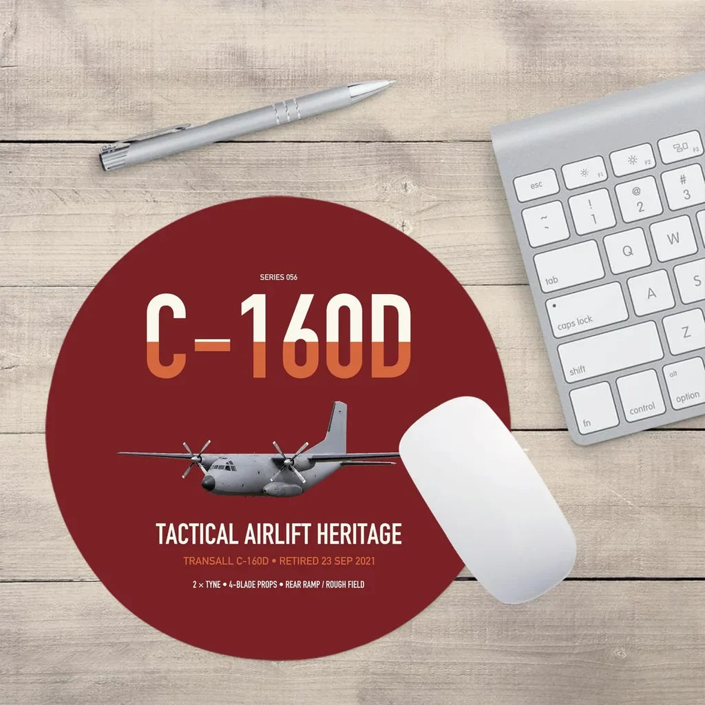 Transall C-160D design on dark red round mouse pad