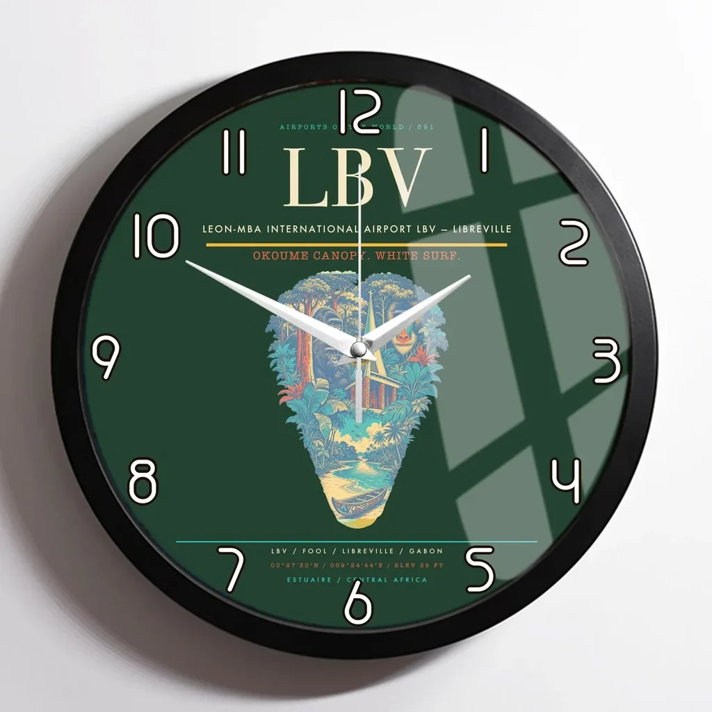 Leon-Mba International Airport (LBV) design on dark green framed wall clock
