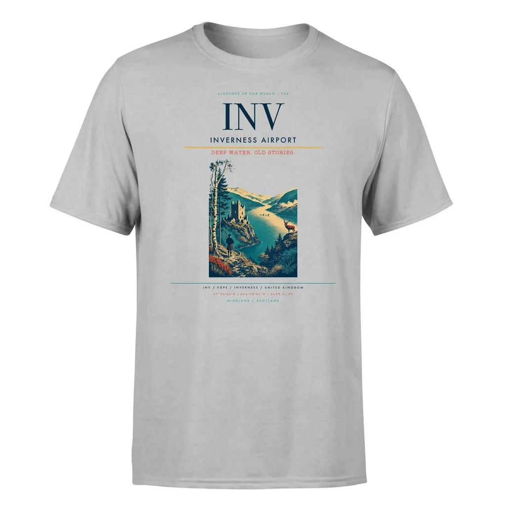 Inverness Airport (INV) T-Shirt single-side front print in Light Gray | inverness-airport-inv-double-side-t-shirt