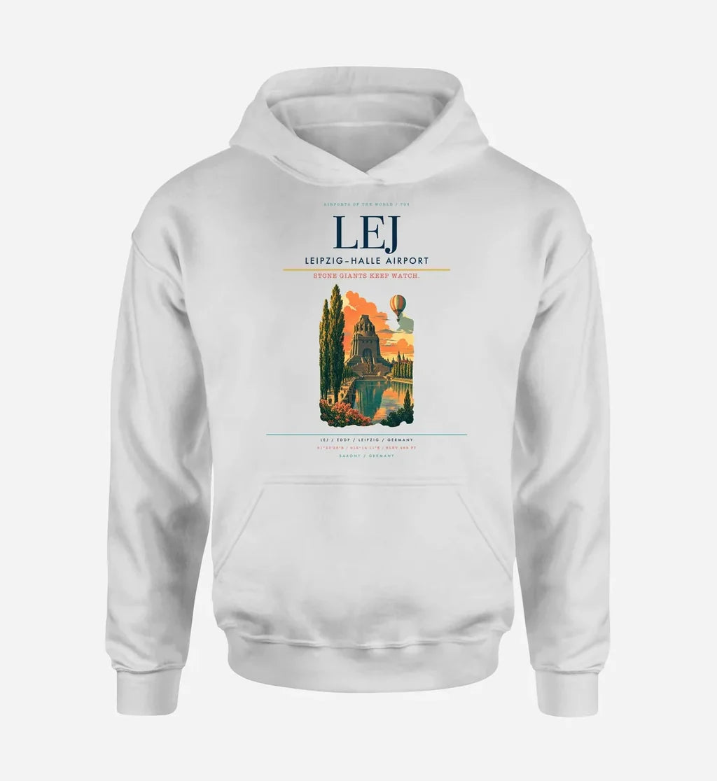 Leipzig–Halle Airport (LEJ) design on white hoodie single-side print