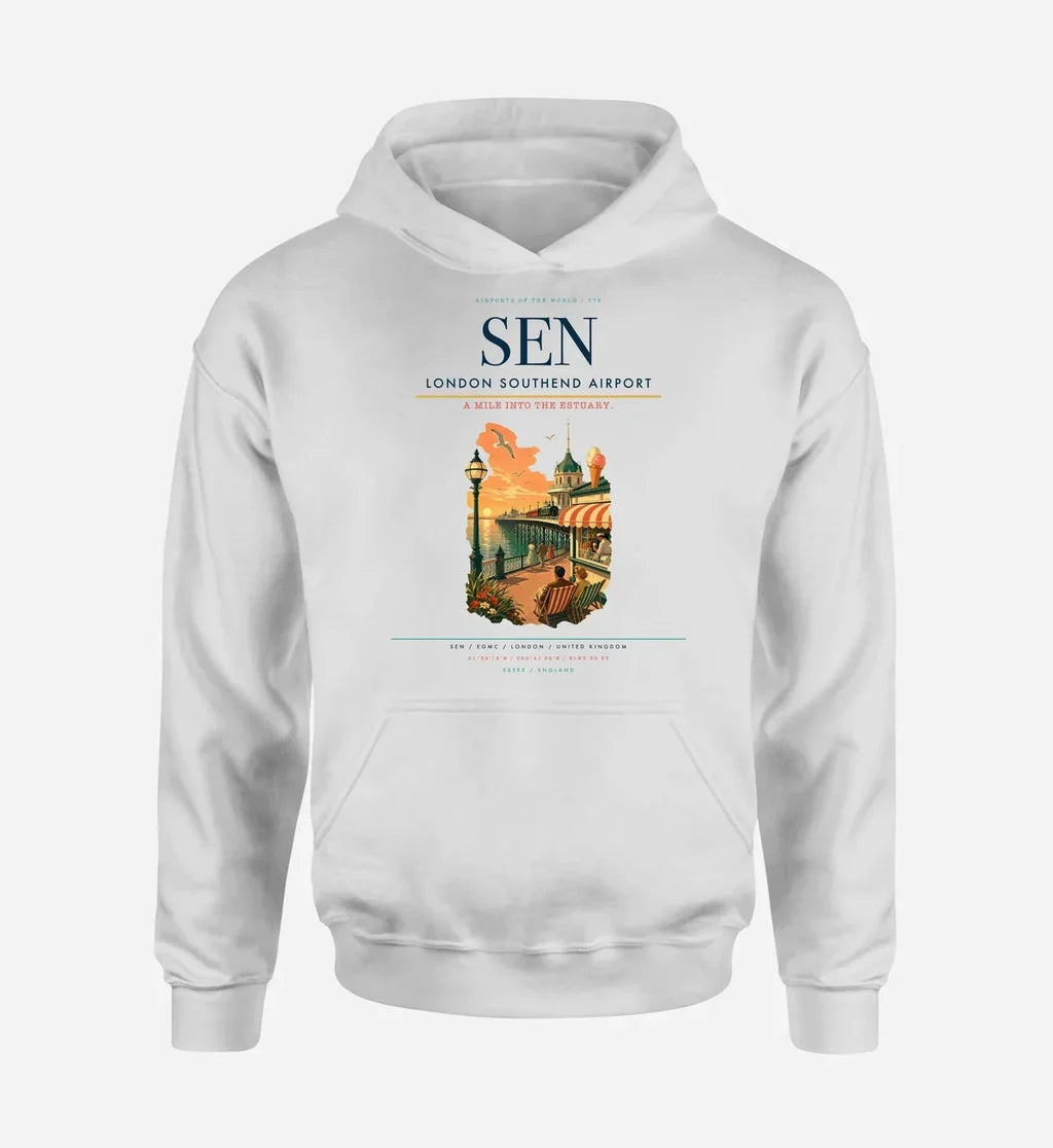 London Southend Airport (SEN) design on white hoodie single-side print