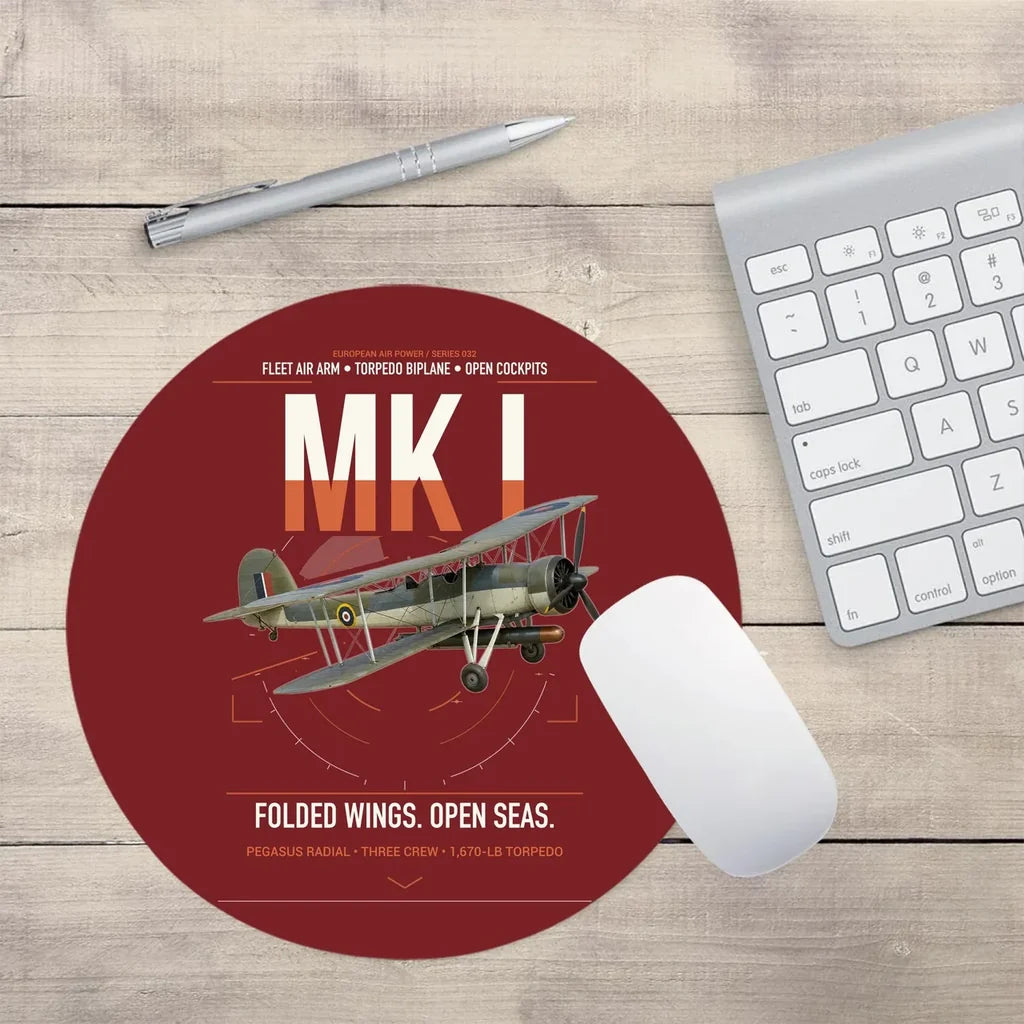 Fairey Swordfish Mk I design on dark red round mouse pad