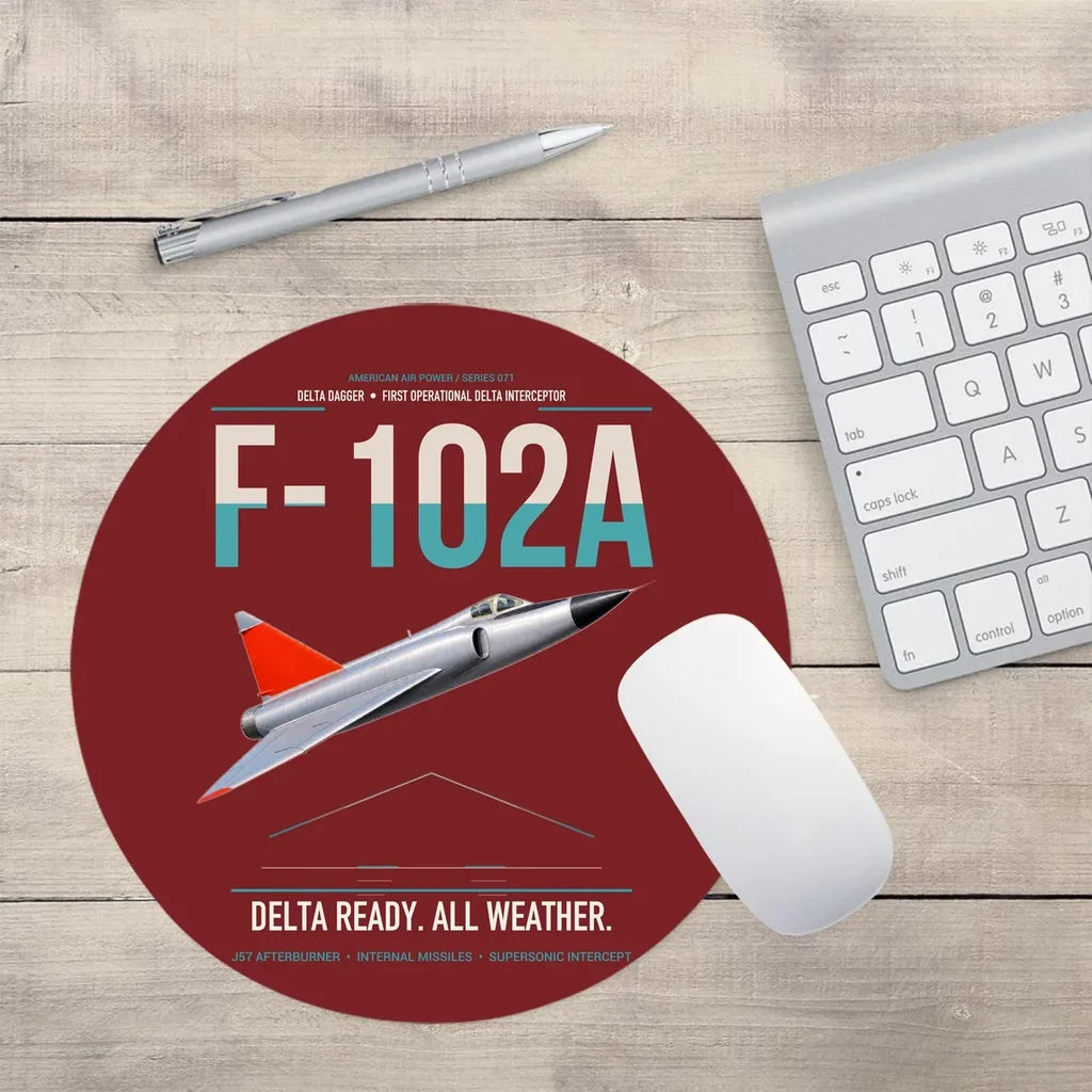 F-102A Delta Dagger design on dark red round mouse pad