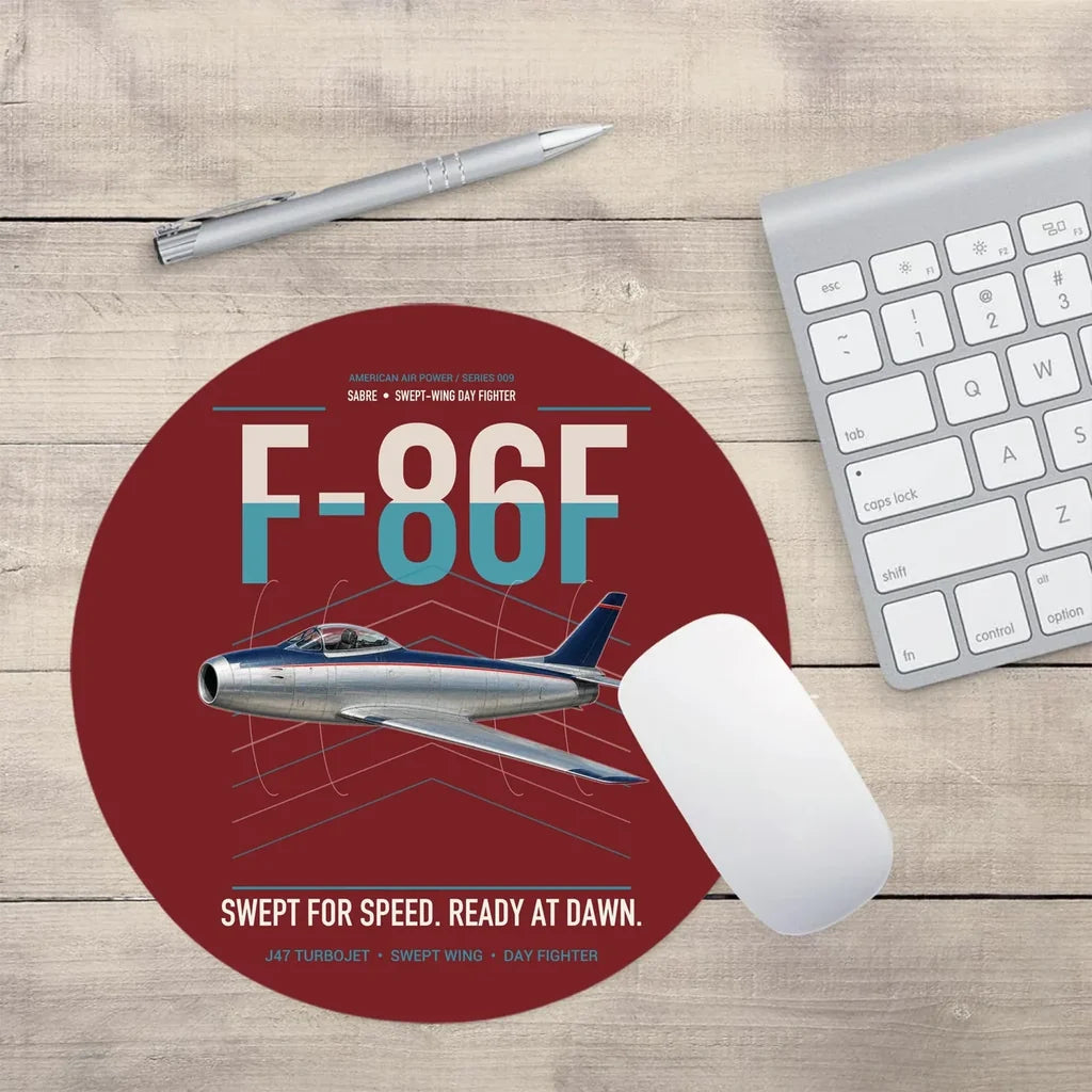 F-86F Sabre design on dark red round mouse pad