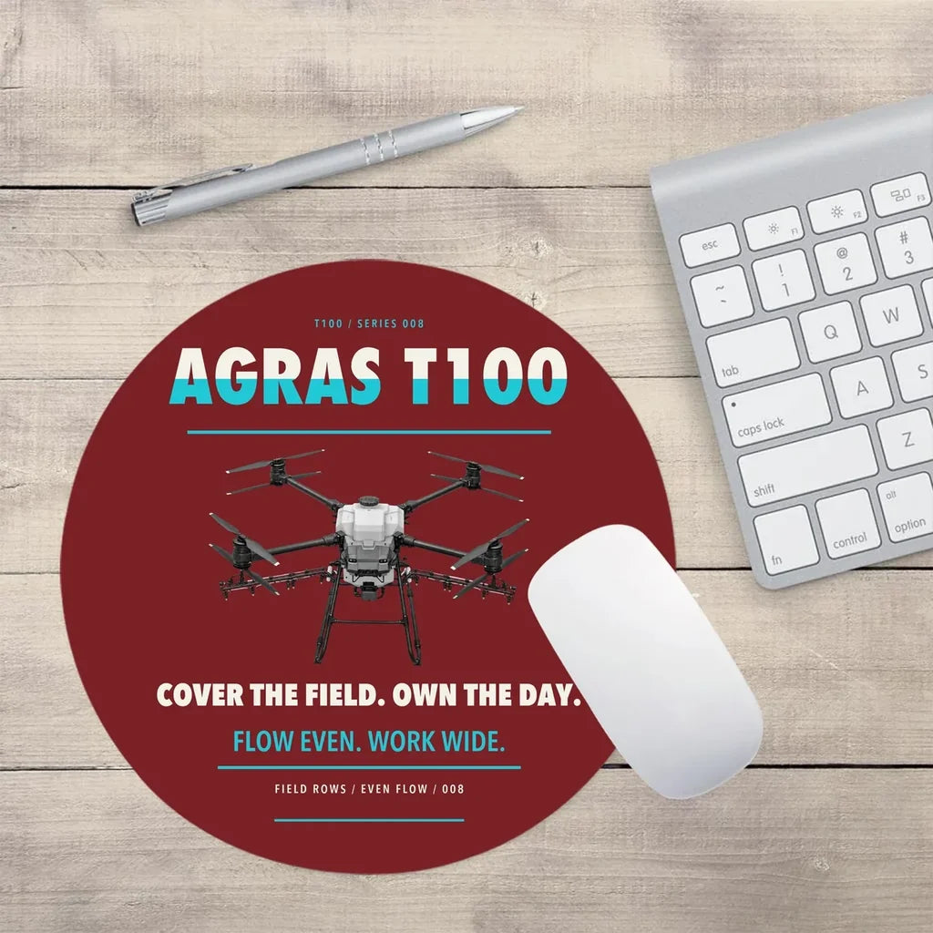DJI Agras T100 design on dark red round mouse pad