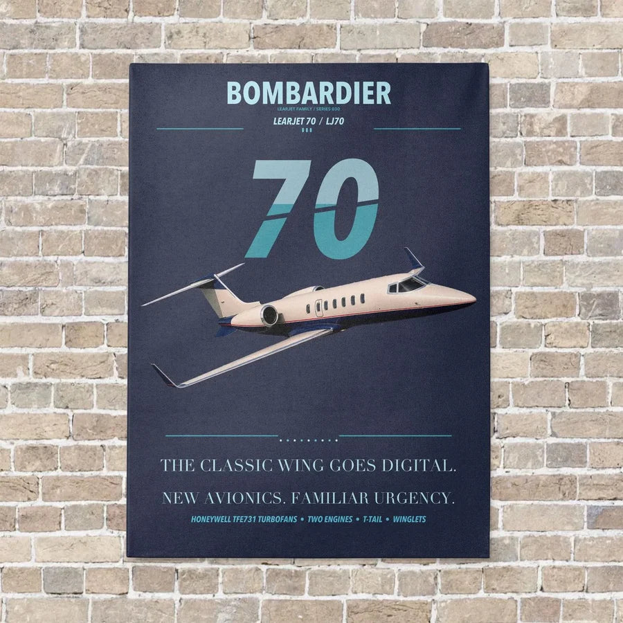 Bombardier Learjet 70 vertical canvas print - no frame - navy blue background