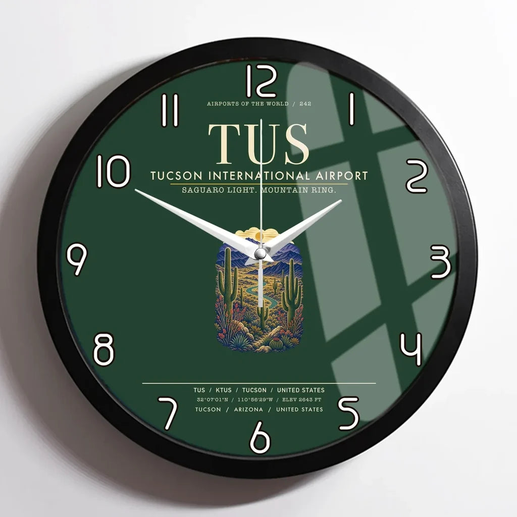 Tucson International Airport (TUS) design on dark green framed wall clock