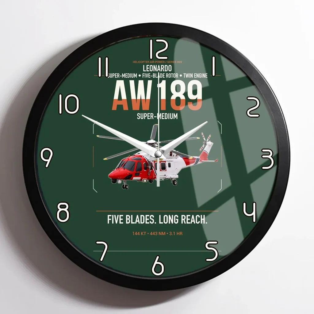 Leonardo AW189 design on dark green framed wall clock