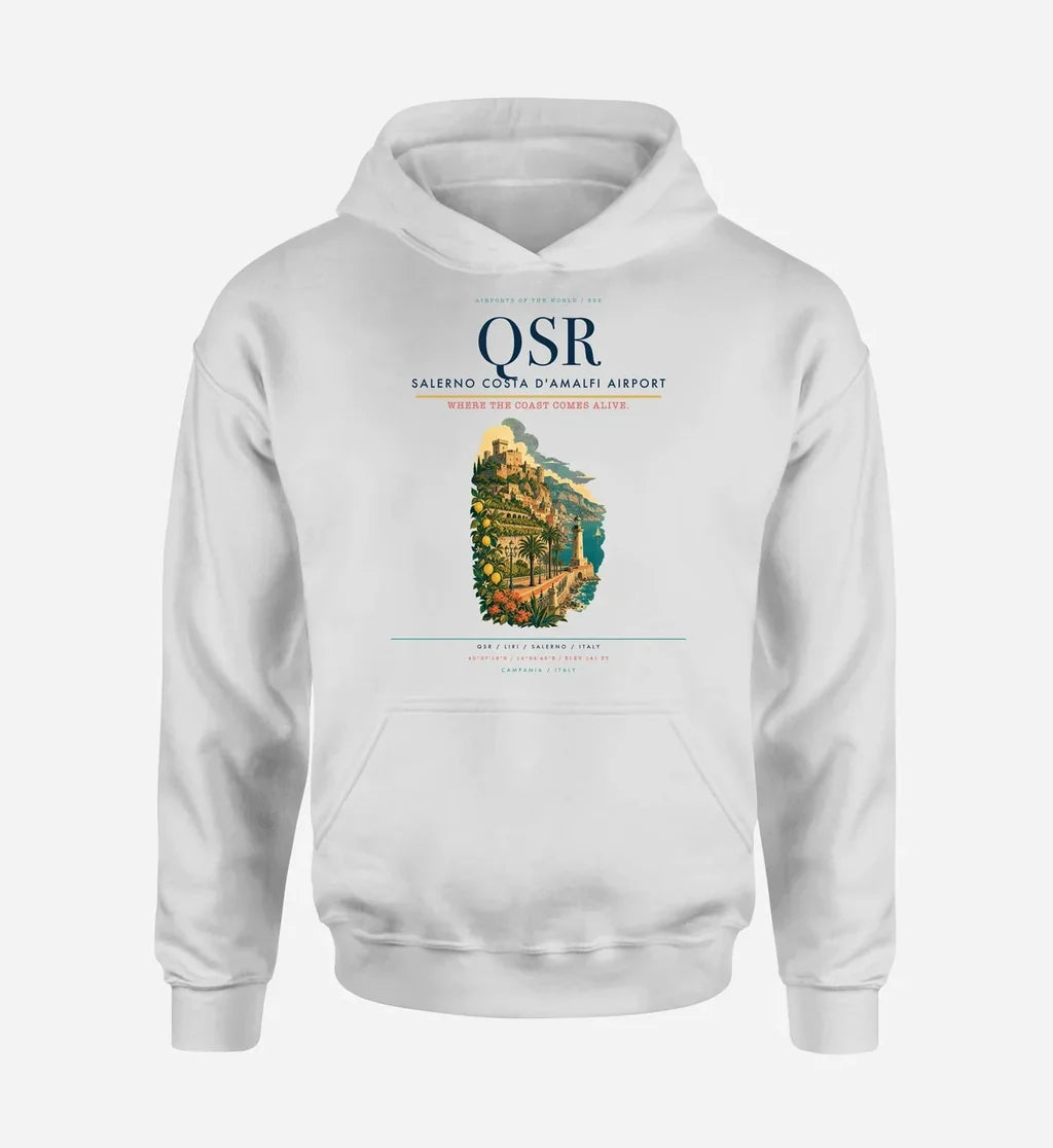 Salerno Costa d'Amalfi Airport (QSR) design on white hoodie single-side print