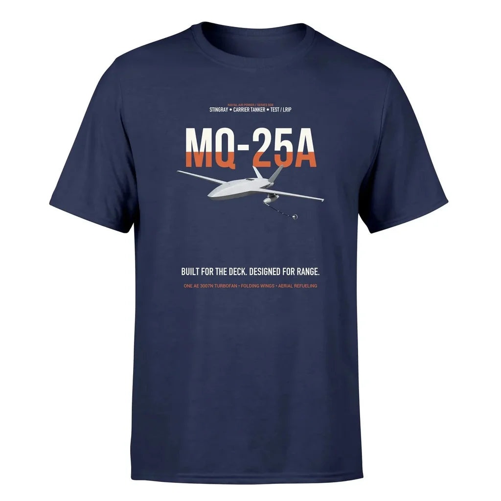 MQ-25A STINGRAY design on navy blue double-side t-shirt, single-side print