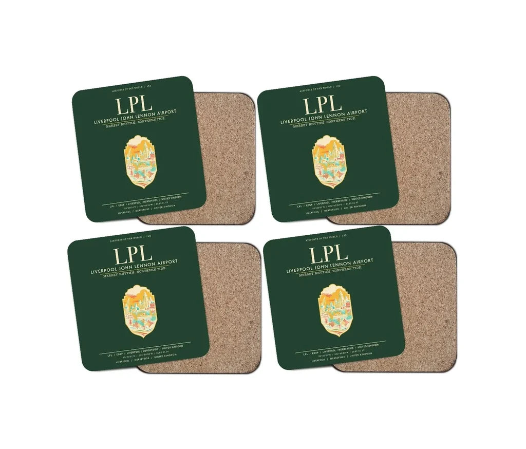 Liverpool John Lennon Airport (LPL) design on dark green 4 pieces set coaster
