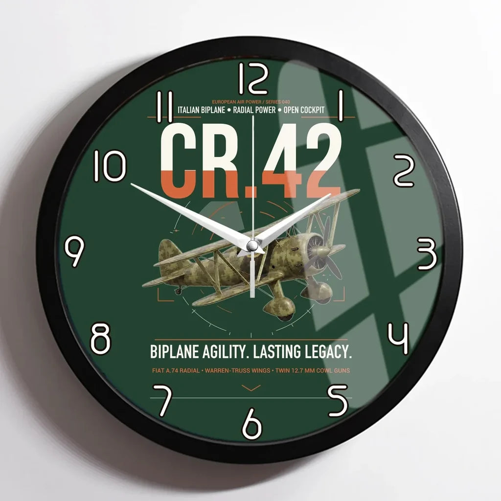 Fiat CR.42 Falco design on dark green framed wall clock