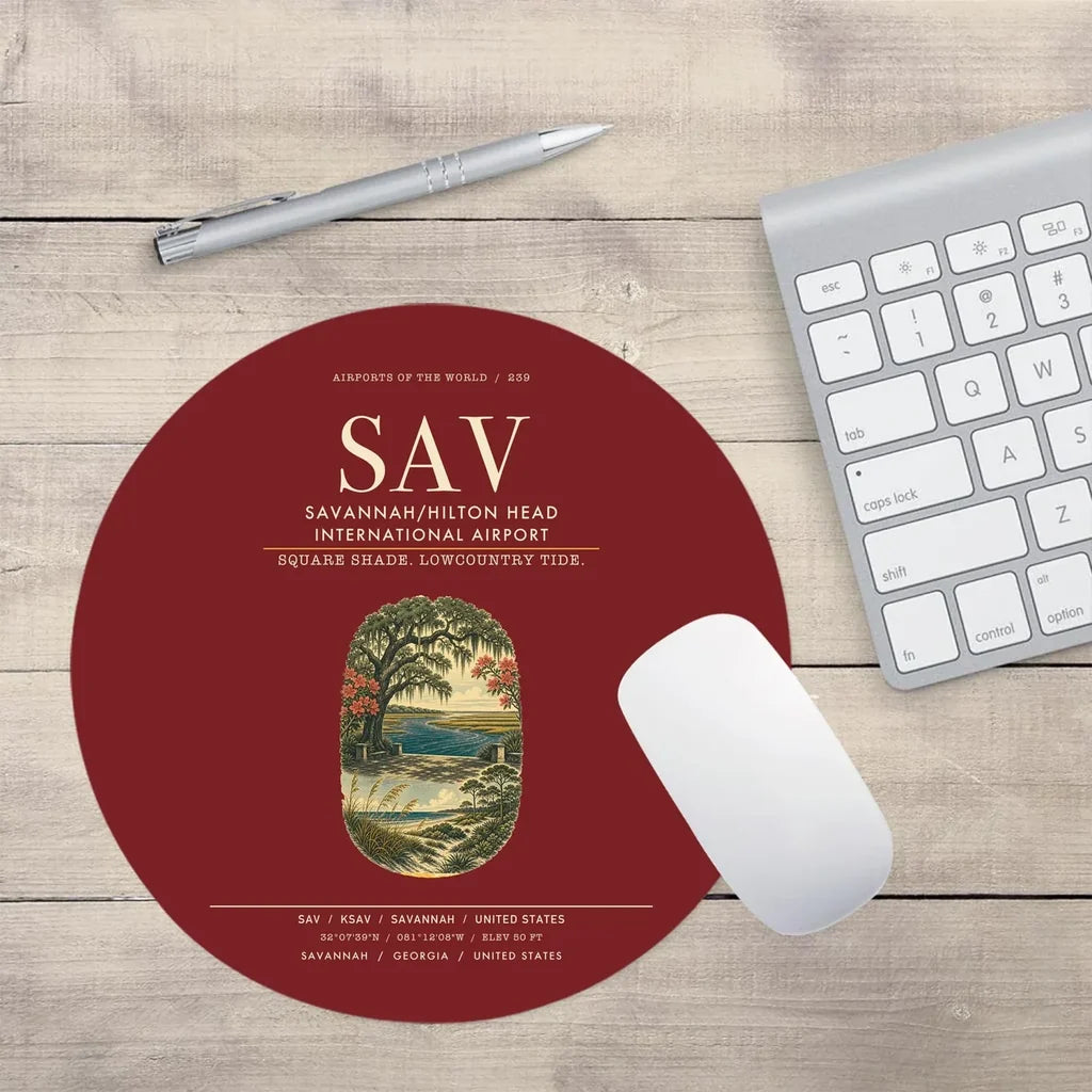 Savannah-Hilton Head International Airport (SAV) design on dark red round mouse pad