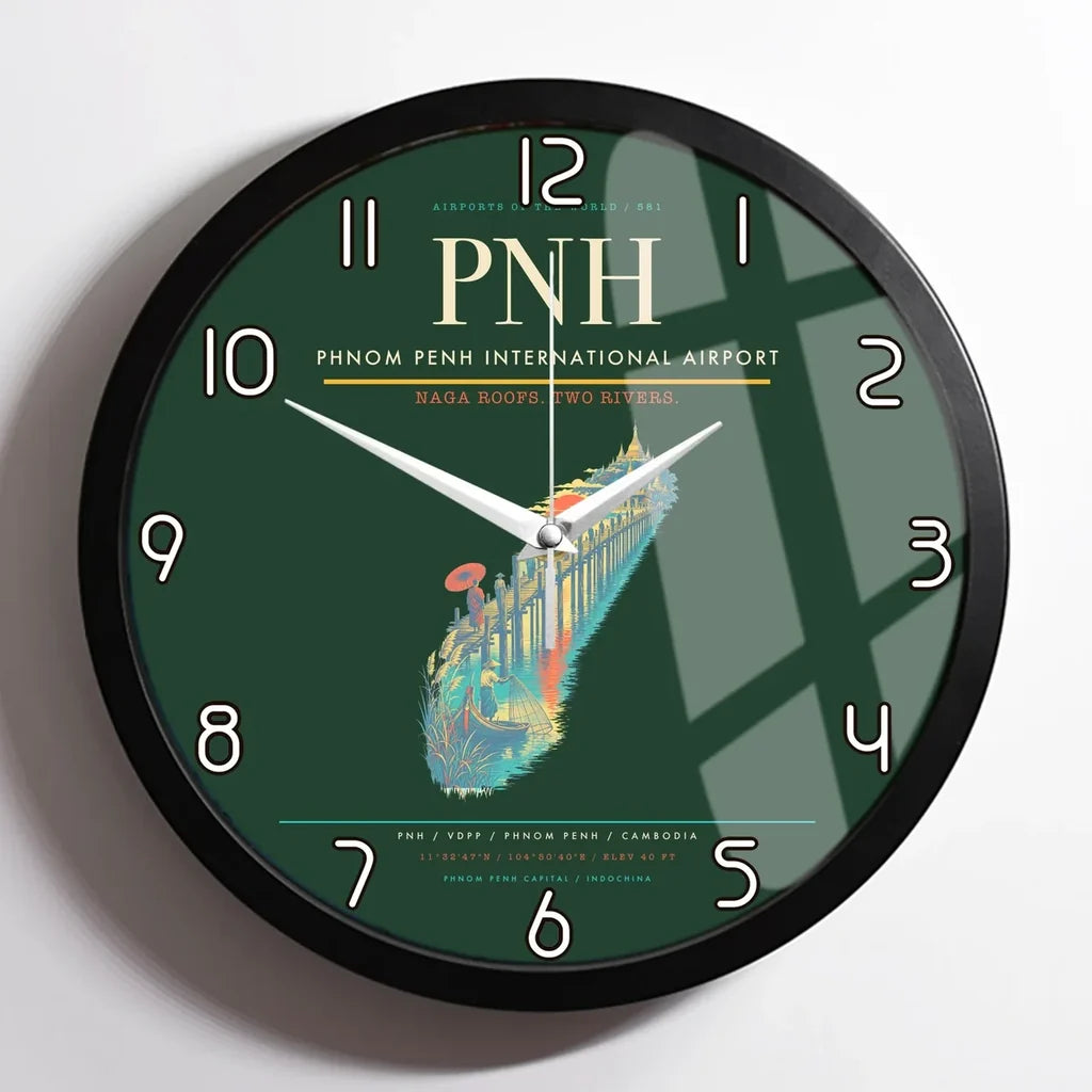 Phnom Penh International Airport (PNH) design on dark green framed wall clock