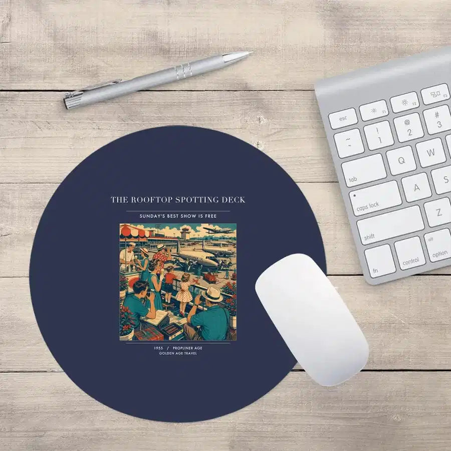 VINTAGE G4221 - The Rooftop Spotting Deck - Designed Mouse Pads design on navyblue round