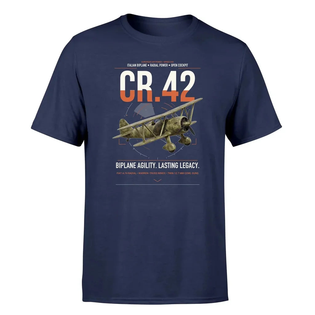 Fiat CR.42 Falco design on navy blue t-shirt, single-side print