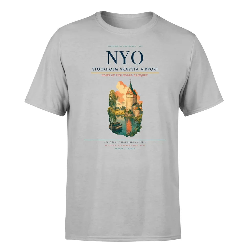 Stockholm Skavsta Airport (NYO) T-Shirt single-side front print in Light Gray | stockholm-skavsta-airport-nyo-double-side-t-shirt