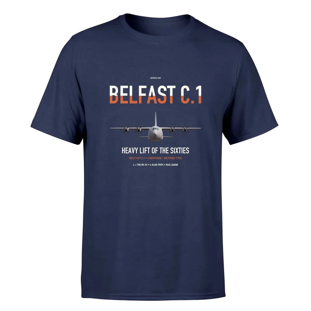 Short Belfast C.1 design on navy blue double-side t-shirt, single-side print
