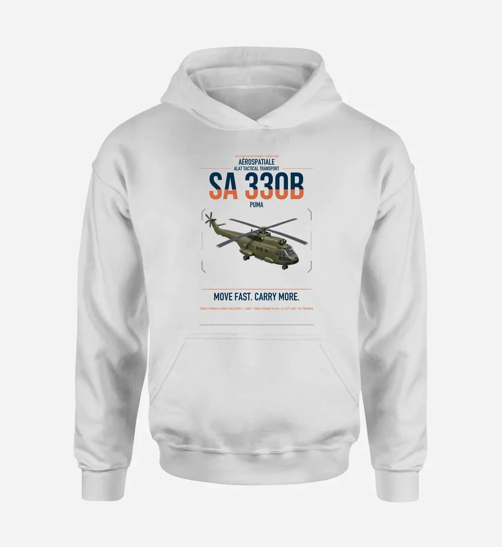 Aérospatiale SA 330B Puma design on white double-side hoodie, single-side print
