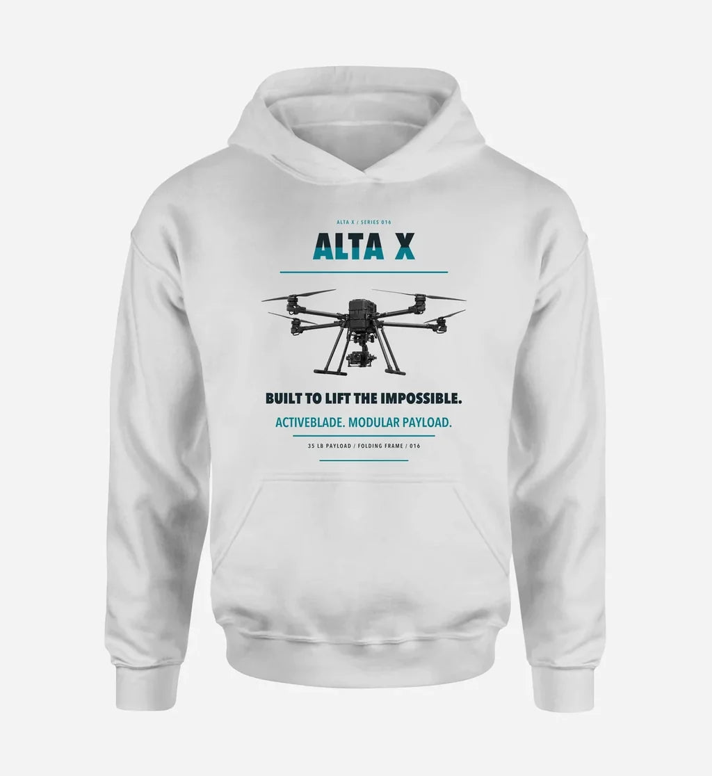 Freefly Alta X design on white hoodie single side