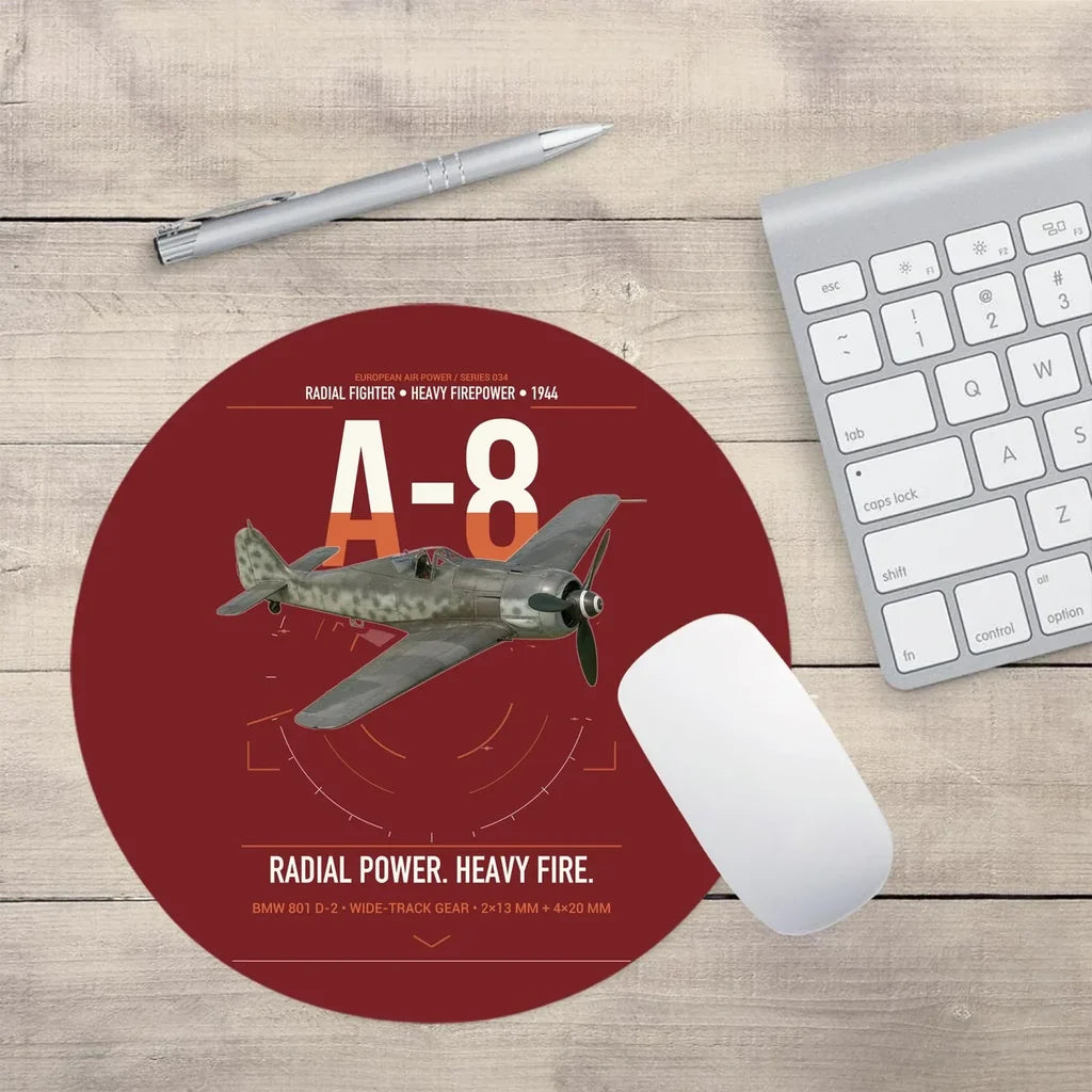 Focke-Wulf Fw 190A-8 design on dark red round mouse pad