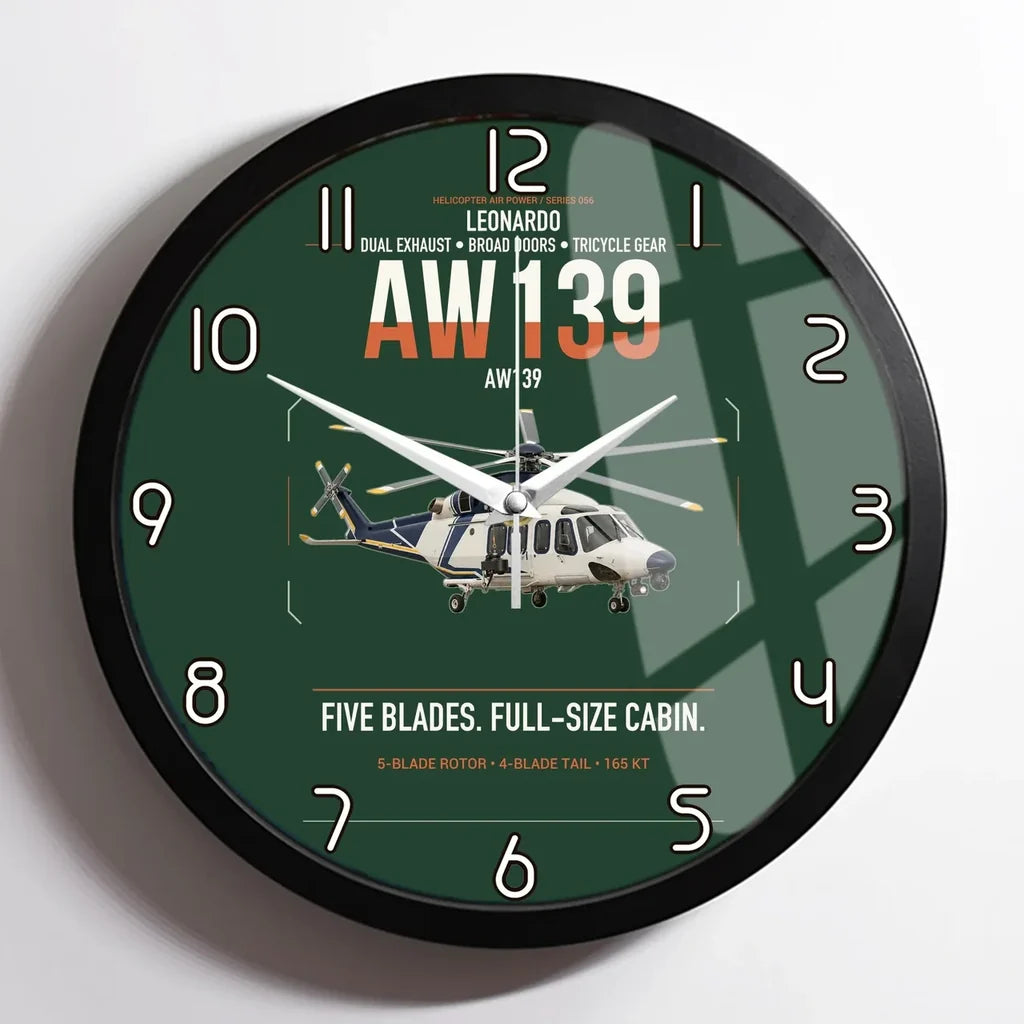 Leonardo AW139 design on dark green framed wall clock