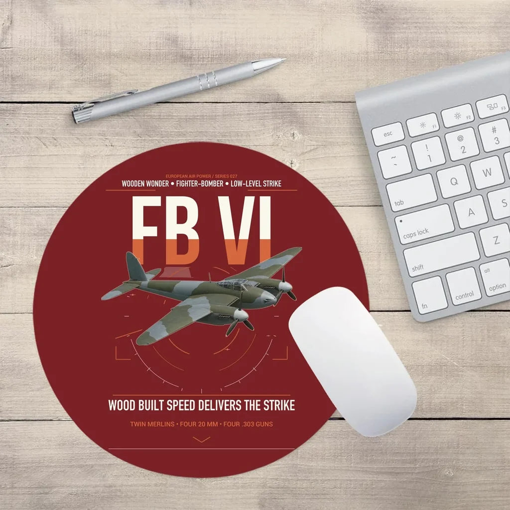 de Havilland Mosquito FB VI design on dark red round mouse pad