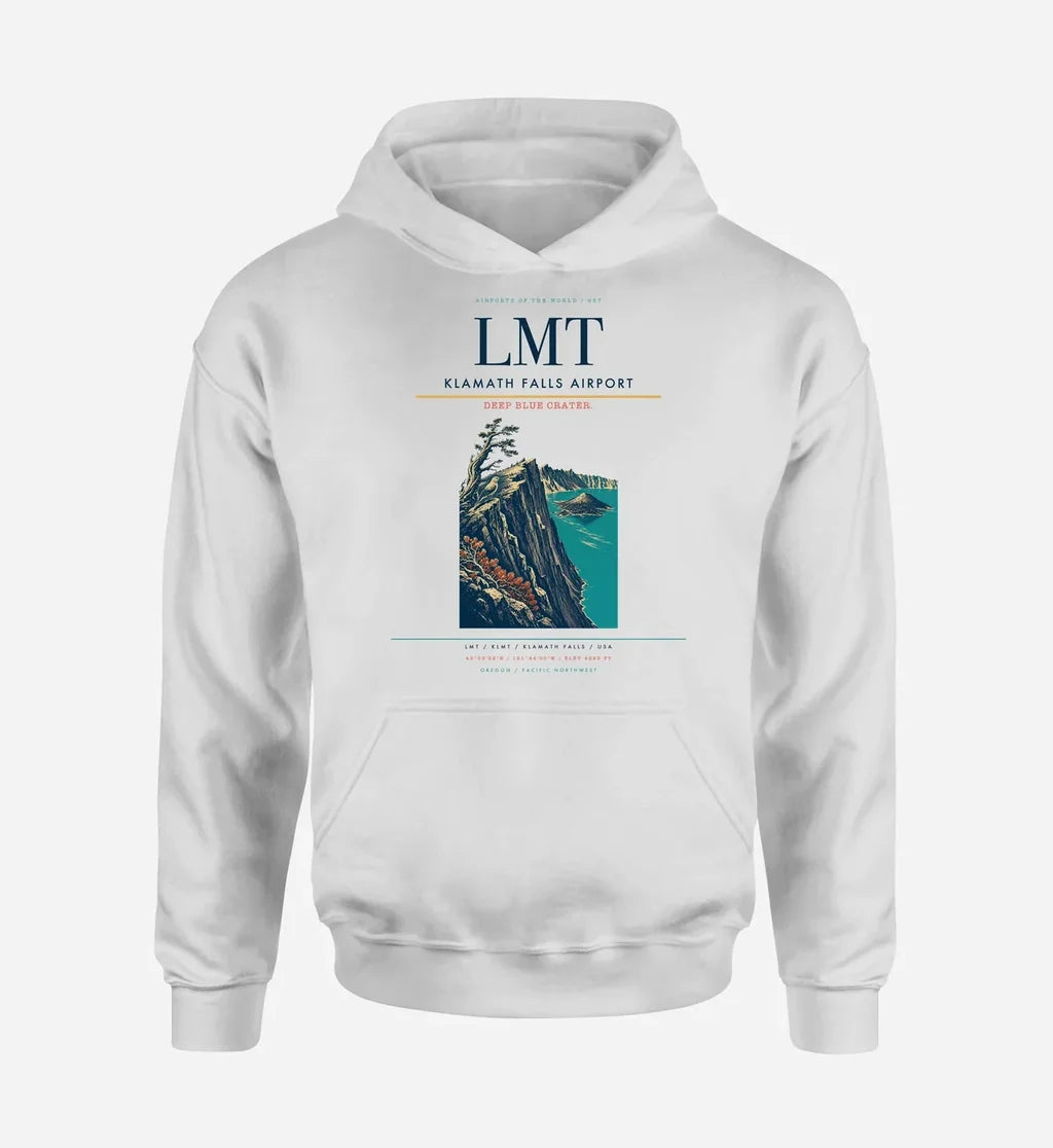 Klamath Falls Airport (LMT) design on white hoodie single-side print