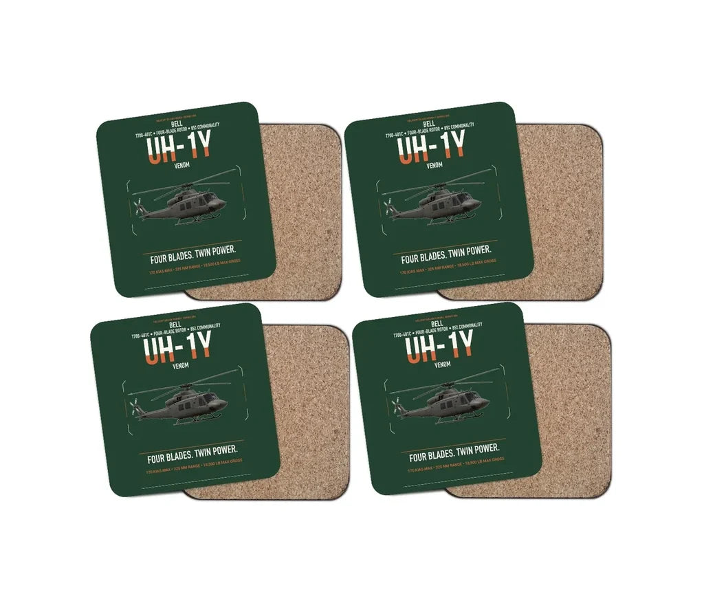 Bell UH-1Y Venom design on dark green 4 pieces set coaster