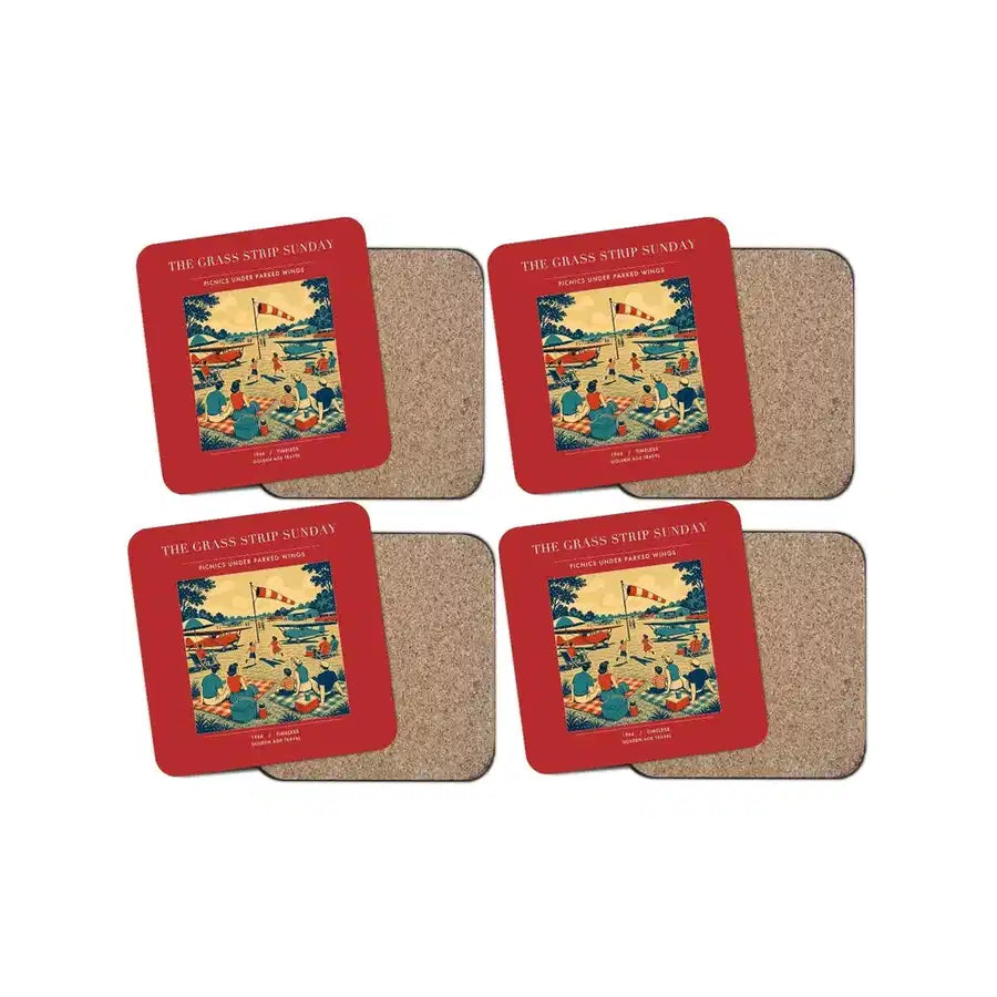 The Grass Strip Sunday - Designed Coasters design on red 4-pieces-set