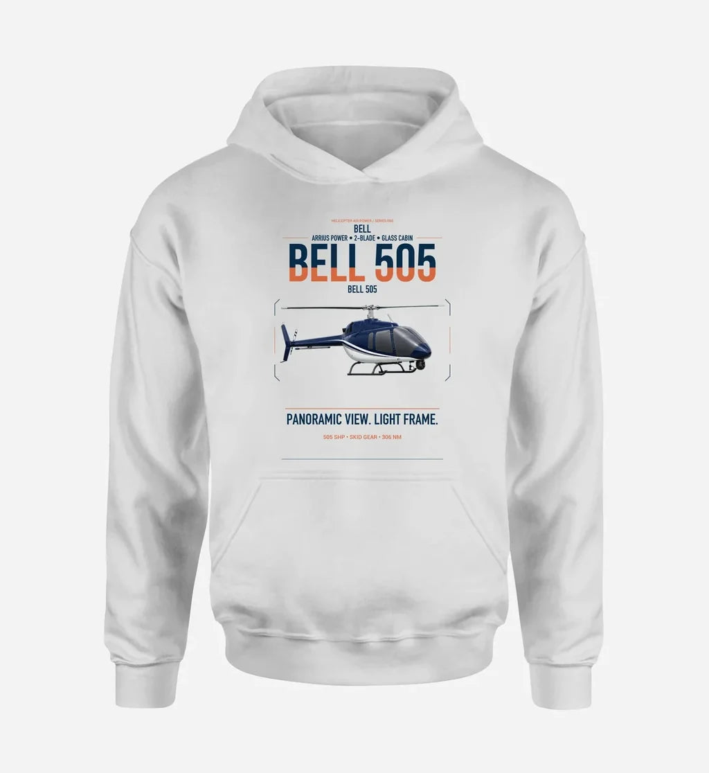 Bell 505 design on white double-side hoodie, single-side print