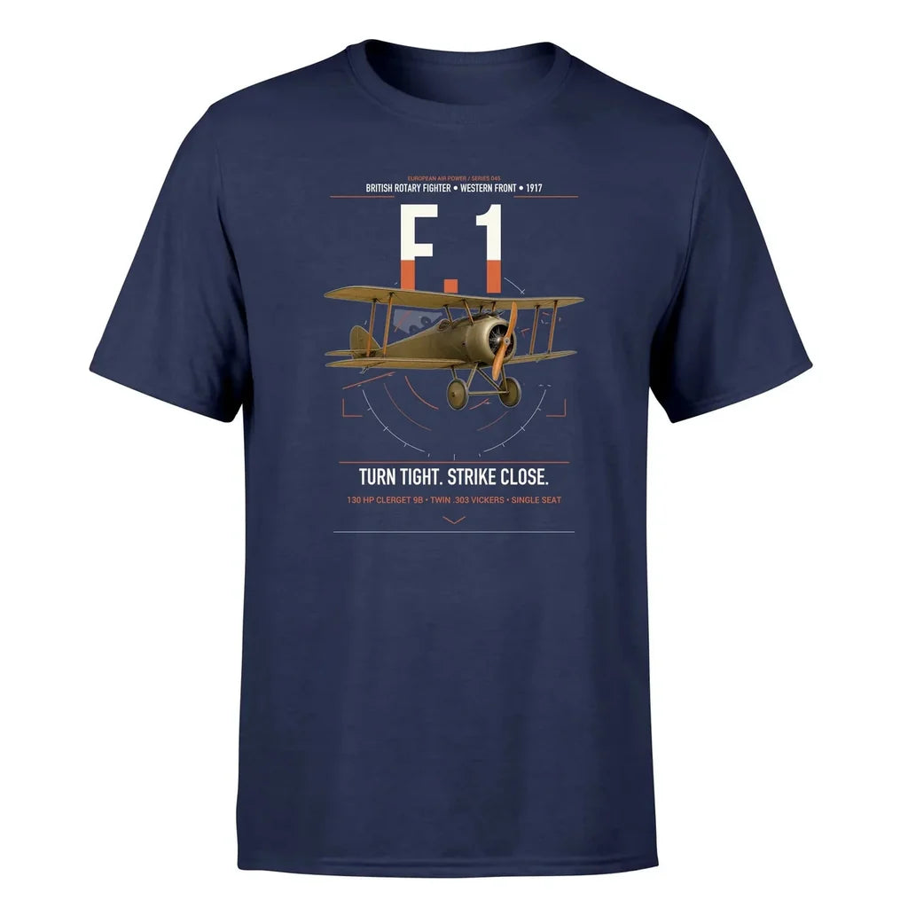 Sopwith Camel F.1 design on navy blue t-shirt, single-side print