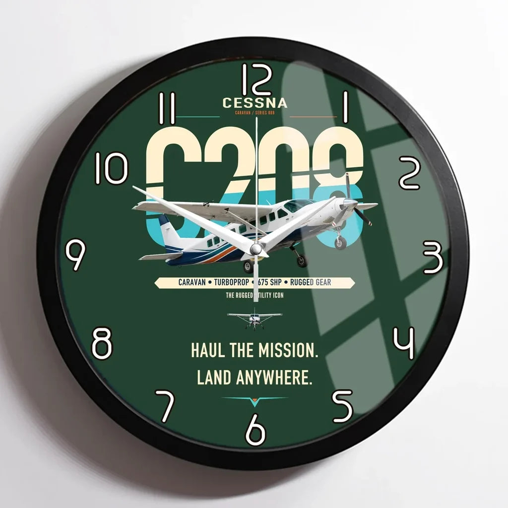 Cessna 208 Caravan design on dark green framed wall clock