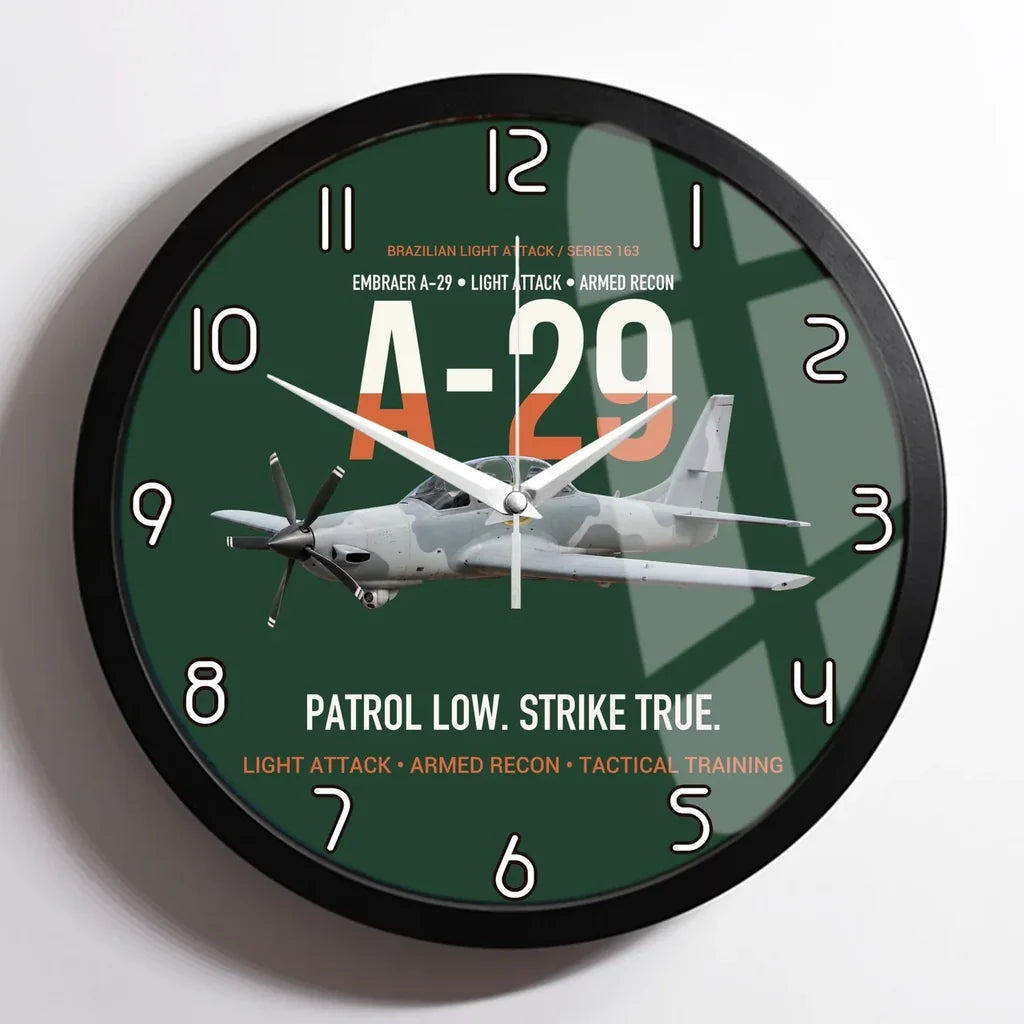 A-29 Super Tucano Light Attack design on dark green framed wall clock