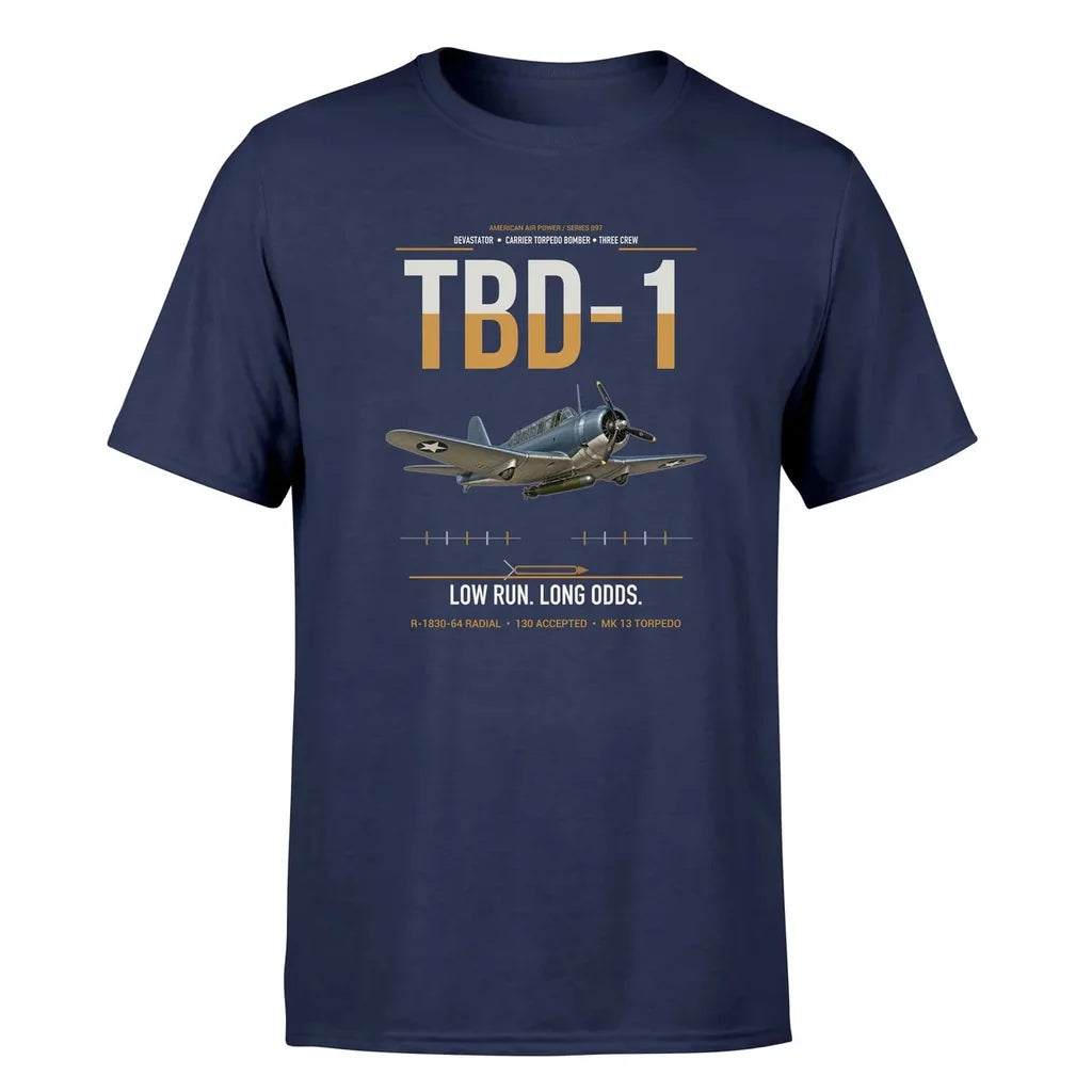 TBD-1 Devastator design on navy blue double-side t-shirt, single-side print