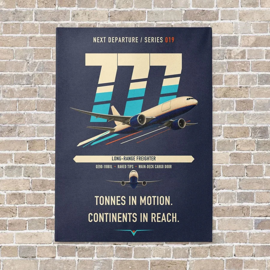 Boeing 777F vertical canvas print - no frame - navy blue background
